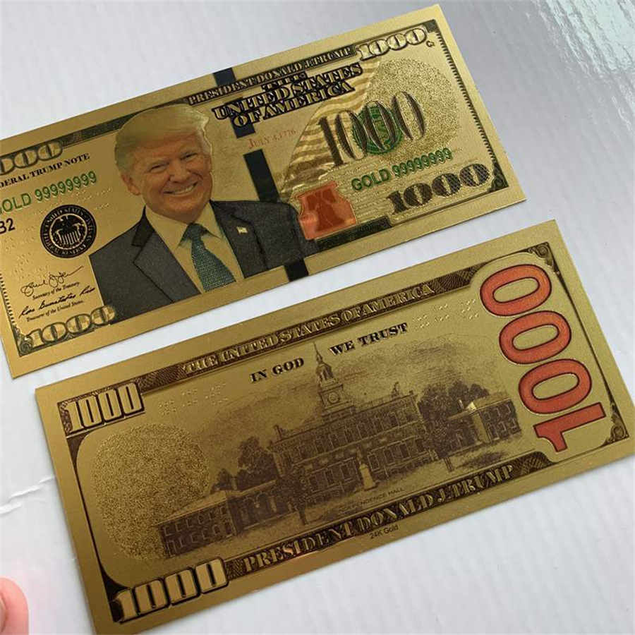 Получите US PROMOTEN Дональд Трамп Доллар Фальшивые деньги 24K Gold Banknote 1000USD Честные счета счета Золотые фольги банкноты