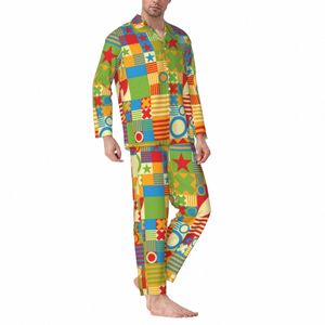 Figuren Retro Jaren '60 Pyjama Set Herfst Kleurrijk Geometrisch Comfortabel Nachtkleding Heren 2-delig Casual Oversize Custom Home Suit D3om #