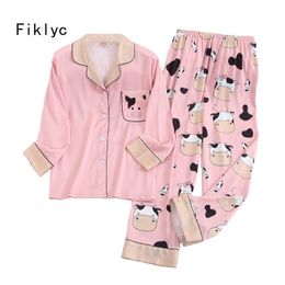Fiklyc ondergoed koe print vrouwen schattige lange broeken herfst pyjama sets femme faux zijde 2-stuks pyjama's pijamas sets dames q0706