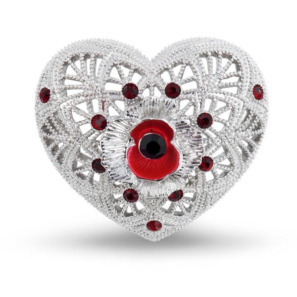 Fournitures de fête festives, broche en filigrane en forme de coquelicot et de cœur avec émail rouge et cristaux, ton or blanc