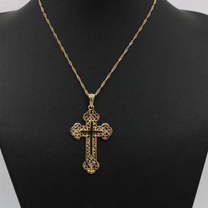 Filigrane femmes hommes croix pendentif chaîne 18k or jaune rempli Style classique Crucifix pendentif collier bijoux 2634