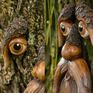 Película 1 Uds cara De resina corteza De árbol características faciales decoración árbol De Pascua caras alimentador De pájaros decoración De jardín al aire libre Jardineria De