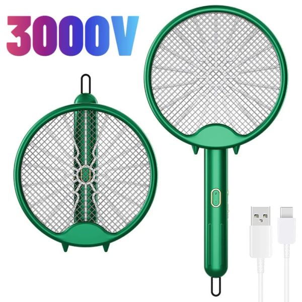 Película 3000v raqueta eléctrica para mosquitos lámpara antimosquitos USB recargable Exterminador de insectos matamoscas plegable lámparas repelentes de mosquitos