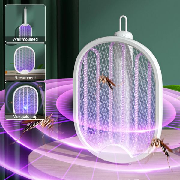 Film 4 en 1 électrique tueur de moustiques tapette à mouche piège USB rechargeable raquette de moustique tueur d'insectes avec lumière Uv Bug Zapper 3000v