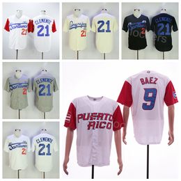 Film Baseball Santurce Crabbers Jersey Moive 21 Roberto Clemente Puerto Rico 9 Javier Baez Retro Team Black Gray White Pinstripe Cool Base Cooperstown University