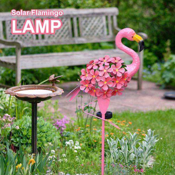 Film de décoration de jardin en métal, lampes solaires de flamant rose, lumières de jardin d'extérieur, piquet de flamant rose avec lumières LED, décoration de pelouse et d'arrière-cour