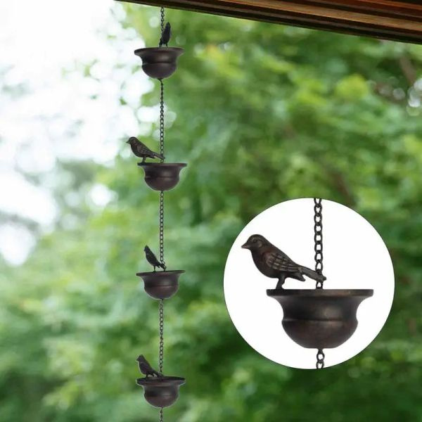 Chaîne de pluie en film pour gouttières, carillons de pluie avec cintre attaché, oiseaux créatifs sur tasses, attrape-chaîne de pluie en métal, fourniture de décoration de toit de gouttière