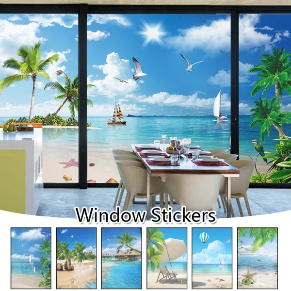 Films 3D paysage confidentialité fenêtres Film décor à la maison été océan plage vitrail autocollants ombrage électrostatique givré Films