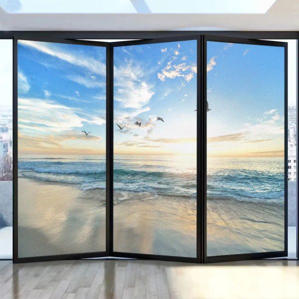 Películas Patrón de paisaje marino de playa Película de privacidad para ventana Anti UV No adhesivo Adhesivos estáticos Película para ventana Película decorativa para puerta corredera de baño