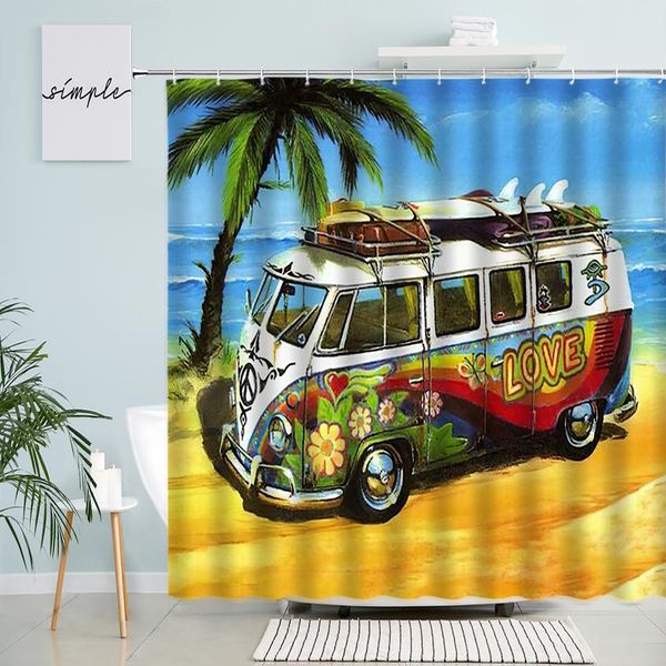 Films Camping Surf rideaux de douche océan plage palmiers tropicaux voyage Bus planche de Surf motif Polyester tissu salle de bain décor crochets