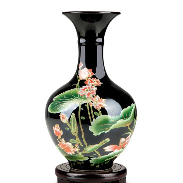 Films Vase à motif de lotus en céramique pour maison moderne, vases à fleurs en porcelaine, bleu, jaune, noir, ornement de salon, décoration de la maison