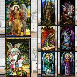 Films Autocollant de vitrail de Film de fenêtre sur Mesure, Image d'anges Multicolore, intimité givrée statique pour la décoration de la Maison de l'église