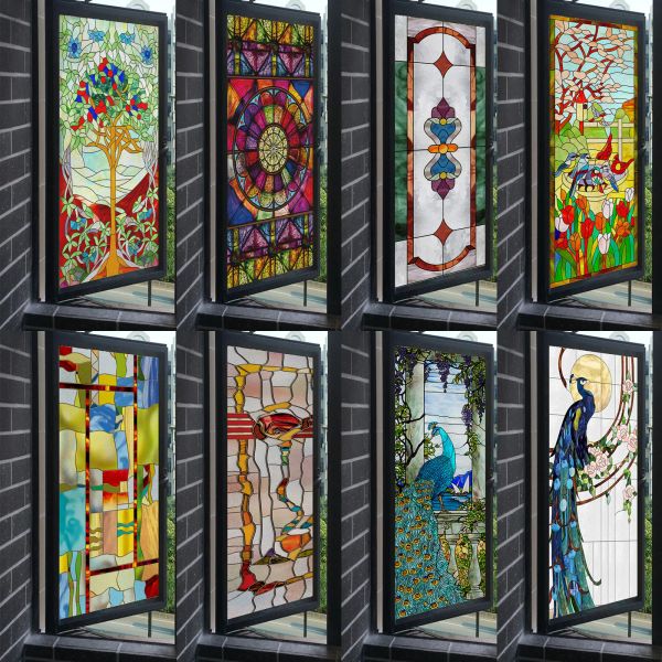 Películas Etiqueta de vidrio retro europea Pintura de iglesia gótica Tiffany Película de arte de imitación Película de ventana de papel esmerilado electrostático