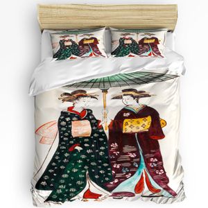 Films Parure de lit japonaise pour chambre à coucher, fille en costume traditionnel et motifs culturels, housse de couette et taie d'oreiller