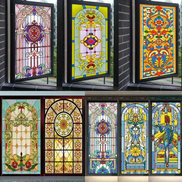 Películas de vidrio pintado, arte esmerilado, papel para ventana, puerta corredera, cocina, baño, película para ventana de iglesia retro Tiffany, pegatina para ventana