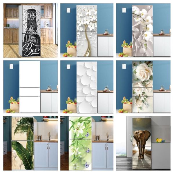 Películas autoadhesivas para la cubierta de la puerta del frigorífico, película decorativa, papel tapiz para refrigerador de cocina, calcomanía de flores blancas, envoltura completa verde