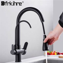 Robinet de cuisine à filtre robinet de cuisine en laiton noir mat avec eau pure robinet de cuisine de style extractible grue froide rotative T20083368