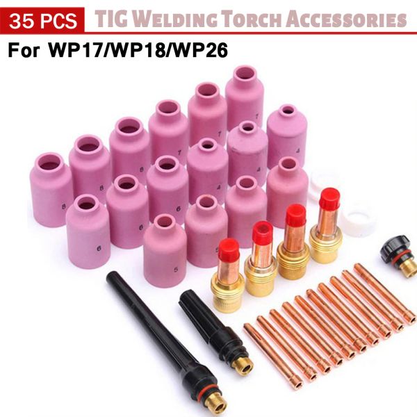 Filtres 35pcs TIG Soudage Torche Collet Moyen Gas de l'objectif à gaz Corps Corgades Alumina Gas Lens pour WP17 WP18 WP26 KIT TIG ACCESSOIRES PRATIQUES