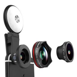 Filtres Lentille de caméra de téléphone 4in1 avec selfie Light LED rechargeable 0,45x 150 ° grand angle 15x macro 185 °