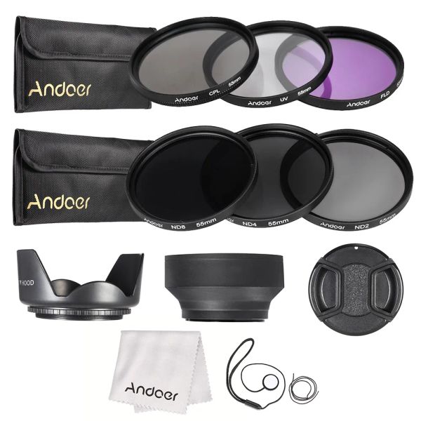 Filtros Andoer Kit de filtro de lente de 55 mm UV+CPL+FLD+ND con bolsas de transporte / tapa de lente / soporte de lente / campanas de lente de goma tulipan