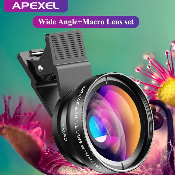 Filtres Apexel 2 en 1 Kit d'objectif de caméra de téléphone 0.45x grand angle 12,5x lentilles macro-lentilles HD Lentes de caméra pour iPhone iOS Android