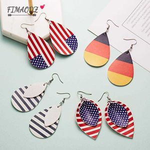 Fimaodz Amerikaanse vlag PU lederen oorbellen voor vrouwen nationale vlag waterdrop blad Dangle oorbel mode-sieraden voor vrienden q0709