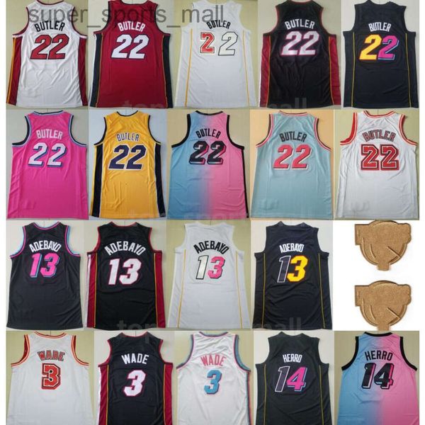 Finales Basketball 22 Maillots Jimmy Butler 13 Maillot Bam Ado 3 Maillot de sport Dwyane Wade 14 Tyler Herro Uniforme Champions Vice City Man gagné Noir Blanc Rose Rouge