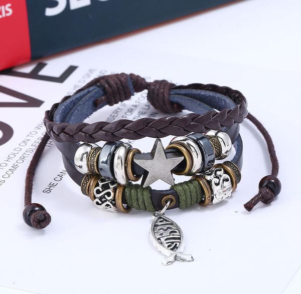 Trouver des similaires Jésus Poisson Bracelet Rétro Étoile Croix Multicouche Wrap Bracelet Bracelets En Cuir Femmes Homme Bijoux De Mode Will et Sandy Drop