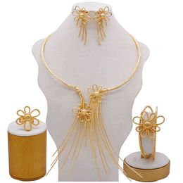 Fijne 24 K Goud Kleur Dubai Sieraden Sets Voor Dames Afrikaanse Party Bruiloft Geschenken Ketting Armband Oorbellen Ring Sieraden