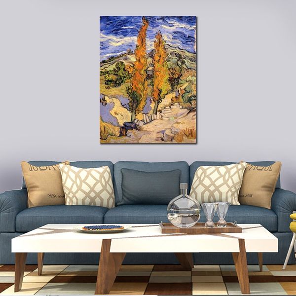 Pintura en lienzo de bellas artes, dos álamos en un camino a través de las colinas, reproducción artesanal de Vincent Van Gogh, obra de arte, decoración del hogar