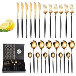 Juego de cubiertos dorados finos 24 piezas Acero inoxidable Portugal Diseñador Juegos de vajilla Cubiertos Cena Cuchillo para carne Tenedor de comedor Cuchara de sopa Cucharas de café para regalo