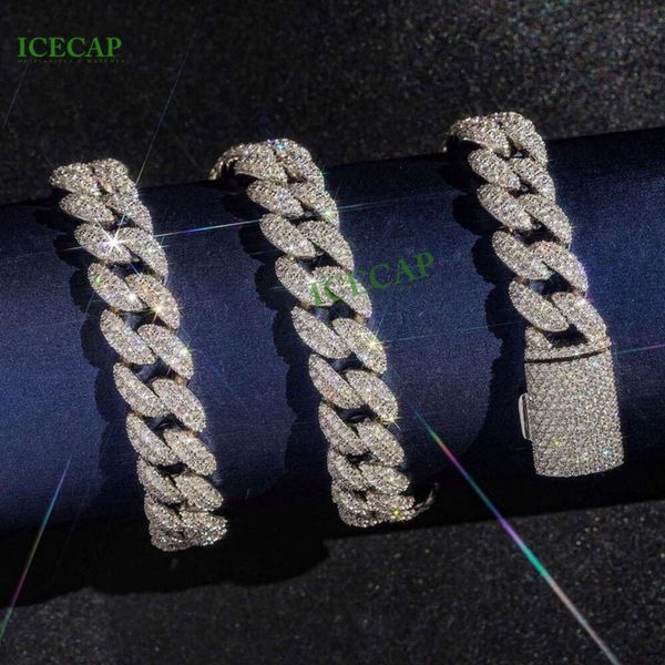 Bijoux fin 12 mm Hiphop Ice Hiphop VVS Moisanite Link chaîne Sterling Sier White Gold Pated Cuban Collier