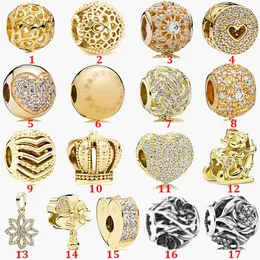 Bijoux fins Authentique 925 Sterling Silver Bead Fit Pandora Charm Bracelets Charms Golden Shiny Love Heart Clip String Safety Chain Pendant DIY perles