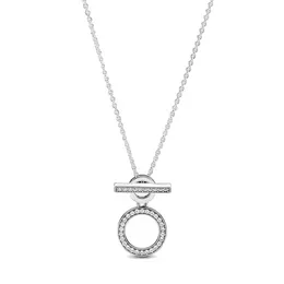 Joyería fina Auténtico collar de plata de ley 925 Fit Pandora Colgante Charm Doble aro T-bar Amor Compromiso DIY Collares de boda
