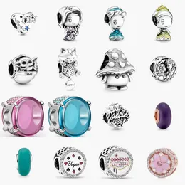 Joyería fina auténtica cuenta de plata esterlina 925 compatible con pulseras con dijes de Pandora princesa cabeza de seta cuenta amor corazón azul cadena de seguridad colgante cuentas DIY