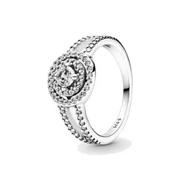 Bijoux fins Authentique Bague en Argent Sterling 925 Fit Pandora Charm Étincelant Double Halo Fiançailles DIY Anneaux De Mariage