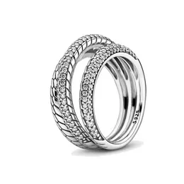 Bijoux fins Authentique Bague en Argent Sterling 925 Fit Pandora Charme Triple Bande Pave Serpent Chaîne Motif Fiançailles DIY Anneaux De Mariage