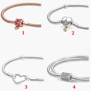 Bijoux fins Authentique 925 Sterling Silver Bead Fit Pandora Charm Bracelets Tanabata Valentine's New Love Snake Safety Chain Pendentif DIY perles