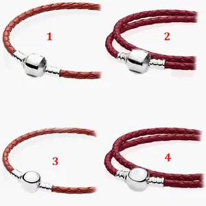 Joyería fina Auténtica cuenta de plata esterlina 925 Fit Pandora Charm Pulseras Cordón de cuero Cabeza cuadrada roja Cabeza redonda Cadena de seguridad Colgante Cuentas de bricolaje