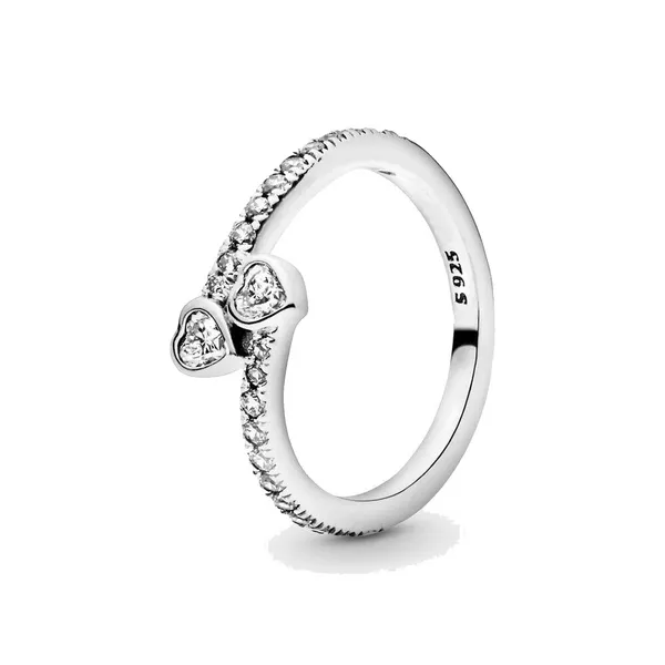 Joyería fina Auténtico anillo de plata de ley 925 Fit Pandora Charm Two Sparkling Hearts Compromiso DIY Anillos de boda