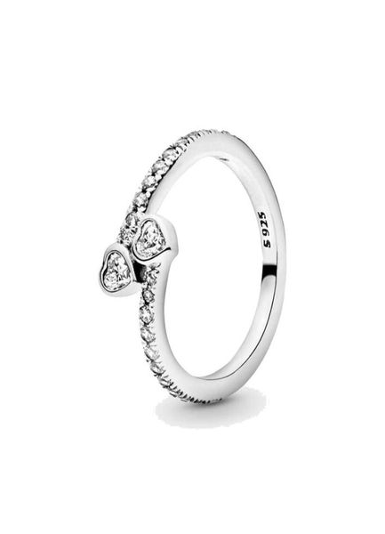 Joyería fina, anillo de Plata de Ley 925 auténtica con dije de dos corazones brillantes, anillos de compromiso DIY para boda 7785689