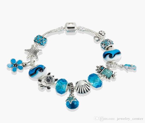 Bijoux fins Authentique Perle en Argent Sterling 925 Fit P Bracelets à Breloques Étoile Bracelet à Breloques Bleu Chaîne de Sécurité en Verre de Murano Pe2908034