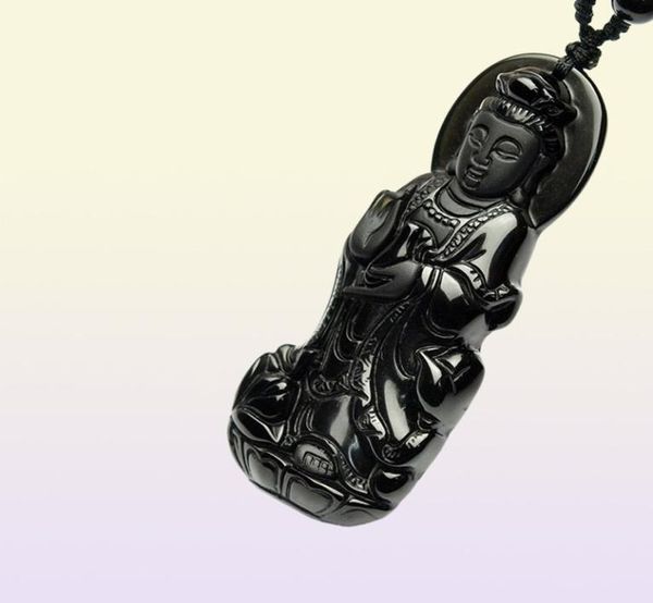 Fine bijoux à la main sculptée naturelle authentique obsidienne kwanyin déesse Bodhisattva Bouddha Pendant Collier 3954078