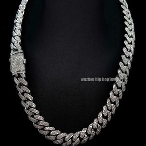 Chaîne hip hop de bijoux fins, fermoir de boîte de 13mm de largeur en argent S925, collier cubain à 3 rangées de coupe ronde en Moissanite glacée