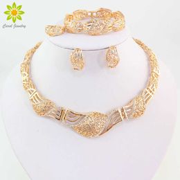 Edlen Schmuck Sets Für Frauen Gold Farbe Aussage Halskette Ohrringe Armband Ringe Set Afrikanische Perlen Party Hochzeit Zubehör H1022