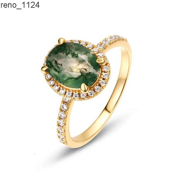 Bague de mariage ovale en argent Sterling, bijoux fins, en Agate de mousse verte naturelle, délicate plaquée or, en Agate aquatique, en diamant CZ