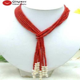 Collar de perlas blancas de Coral redondo rojo de 3 hebras naturales de 45quot largo fino para mujer 3779708