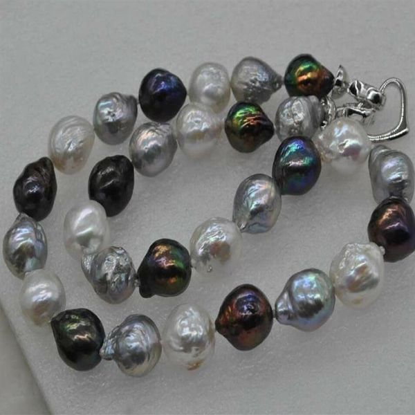 Bijoux en perles fines Gris noir blanc naturel 13mm collier de perles kasumi259G