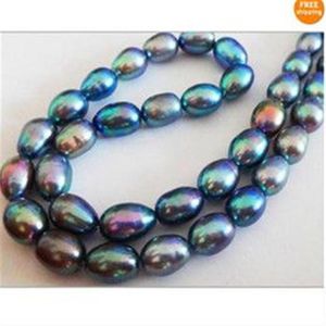Bijoux en perles fines NATUREL 20 9-10mm TAHITIEN VÉRITABLE COLLIER DE PERLES VERT PAON 14K3194