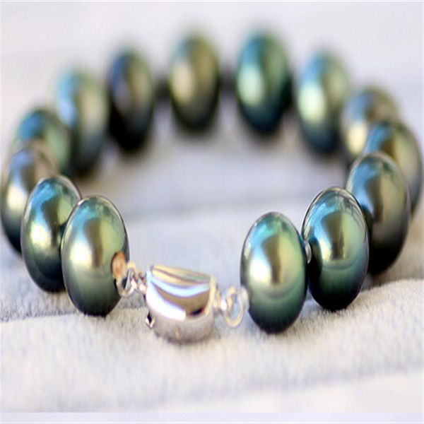 Bijoux en perles fines paon de Tahiti vert bracelet perle noire du sud perles d'eau de mer 10-11mm 7-8 pôle de lumière très fort sli214z